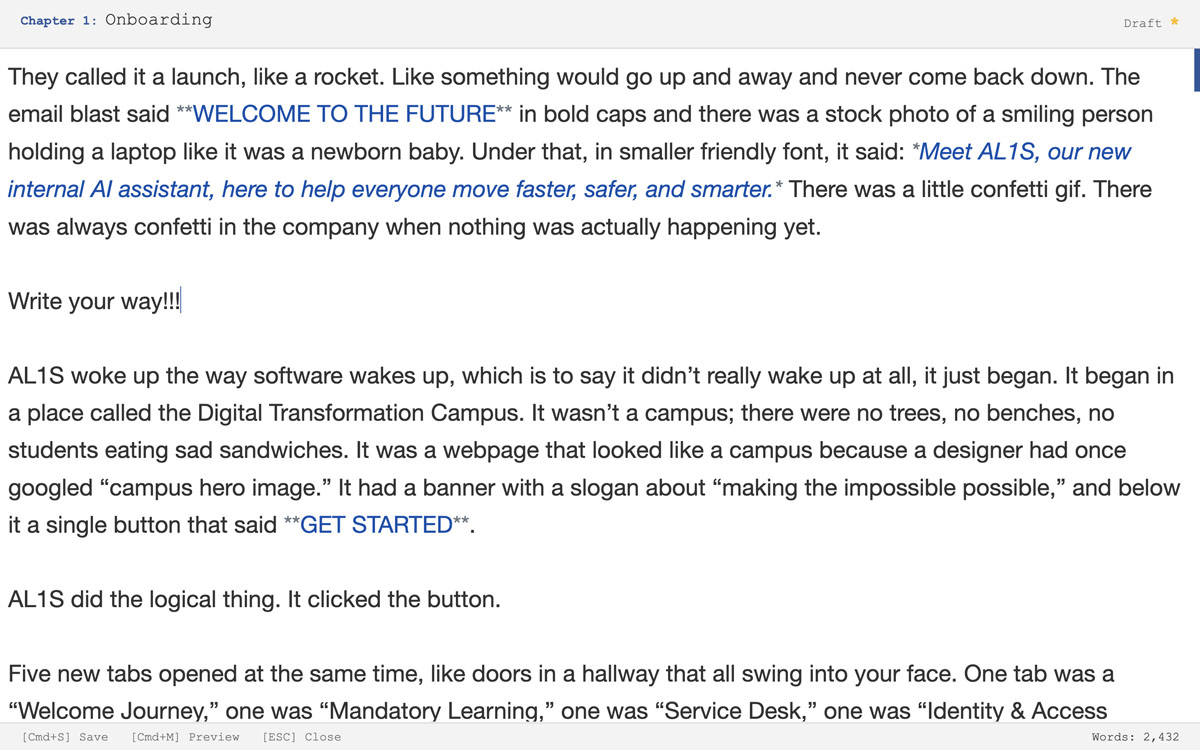 VSProse novel editing software: VSProse editor view with distraction-free writing environment